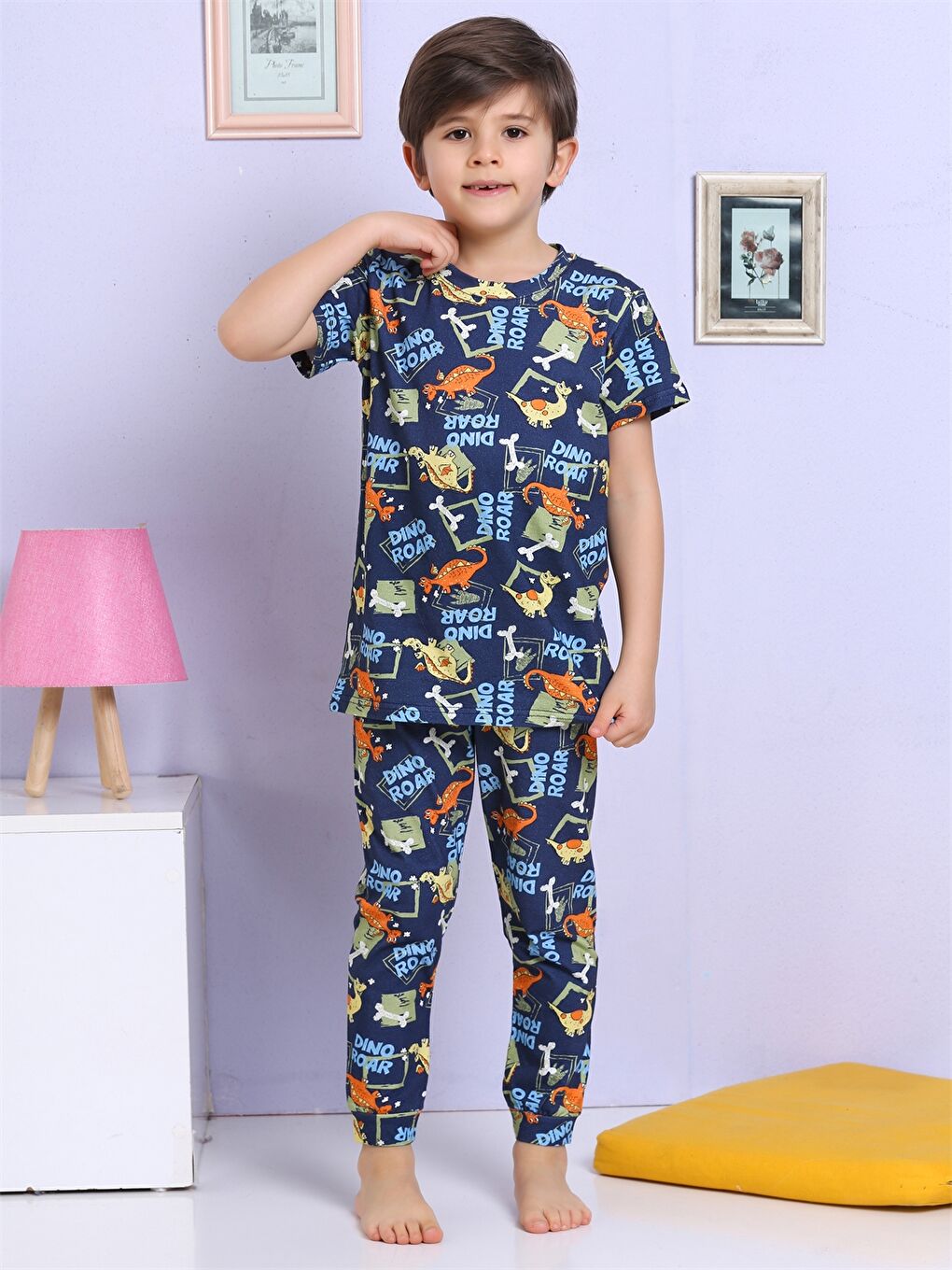 Lacivert Bisiklet Yaka Baskılı Kısa Kollu Erkek Çocuk Pijama Takımı