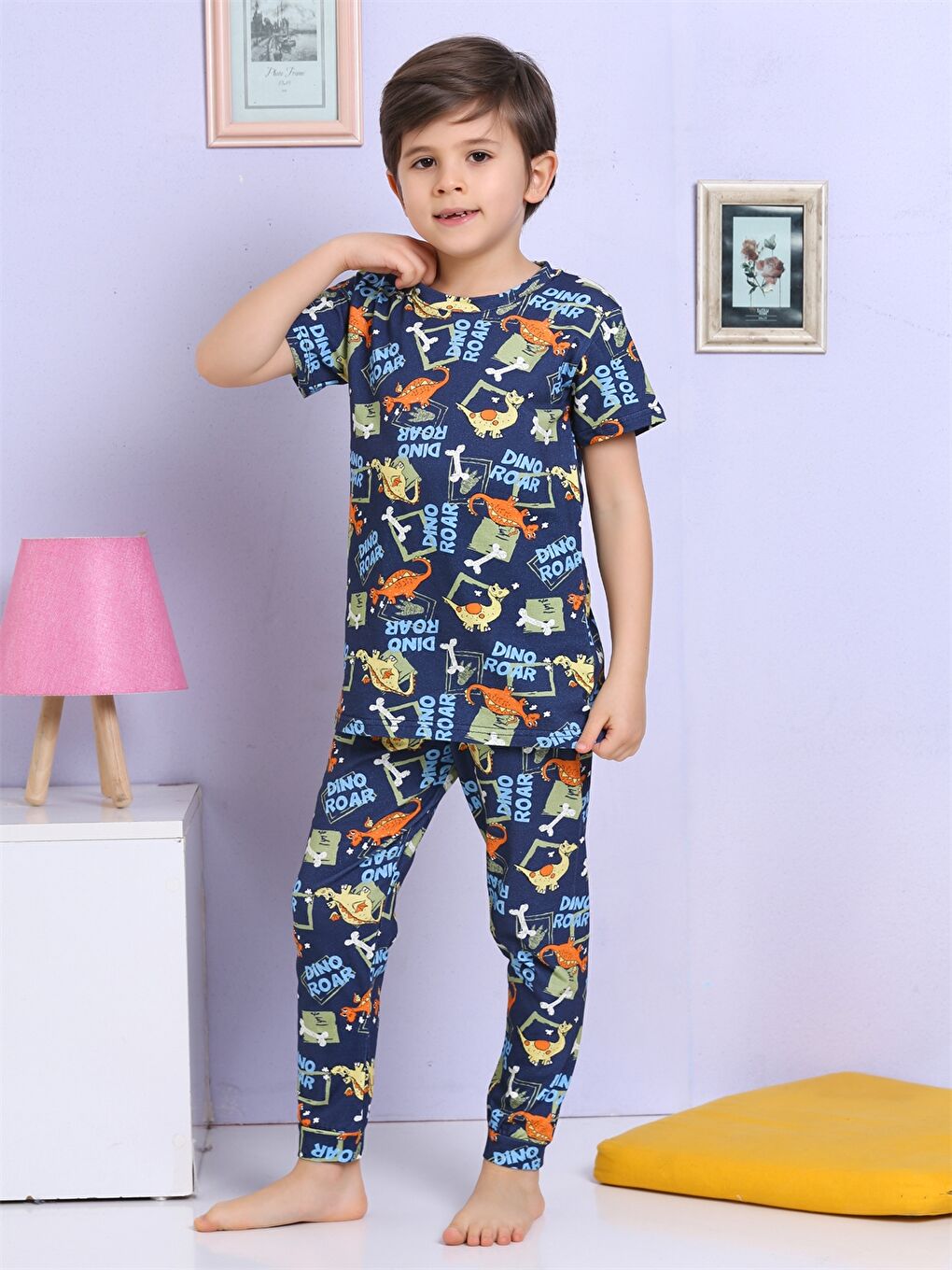 Lacivert Bisiklet Yaka Baskılı Kısa Kollu Erkek Çocuk Pijama Takımı-3
