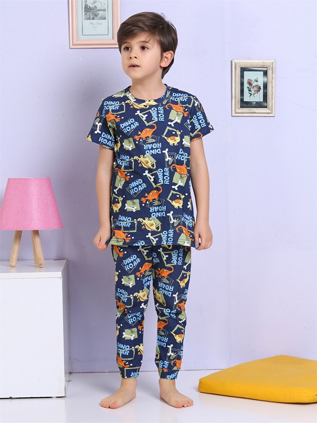 Lacivert Bisiklet Yaka Baskılı Kısa Kollu Erkek Çocuk Pijama Takımı-4