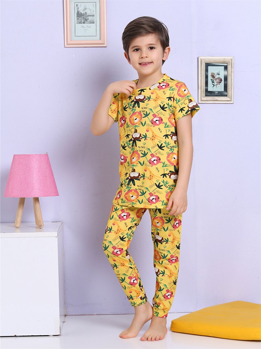 Kahverengi Bisiklet Yaka Baskılı Kısa Kollu Erkek Çocuk Pijama Takımı-1