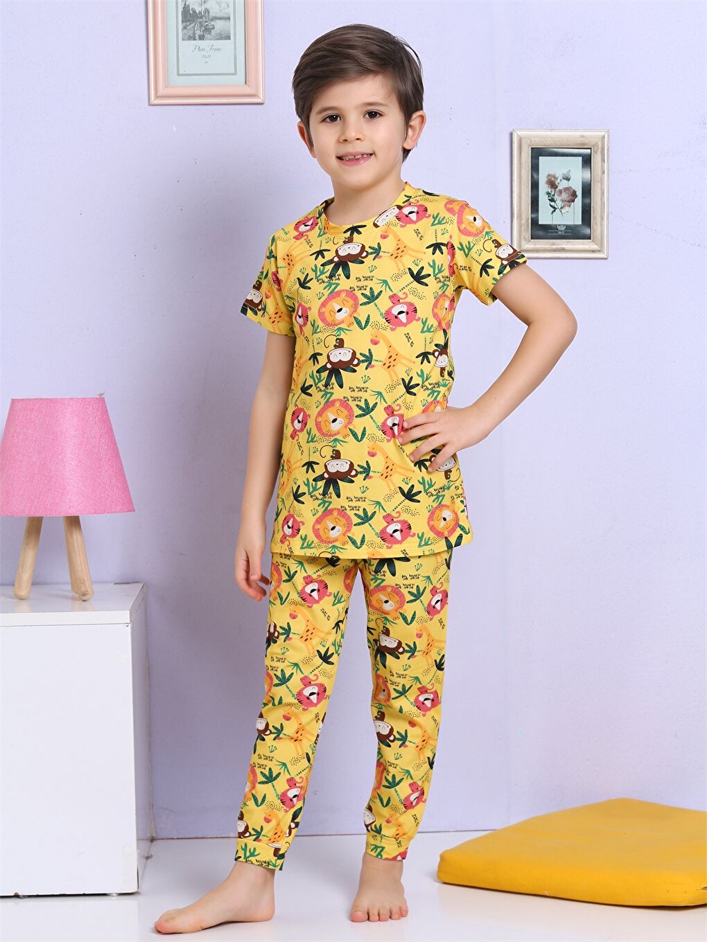 Kahverengi Bisiklet Yaka Baskılı Kısa Kollu Erkek Çocuk Pijama Takımı-2