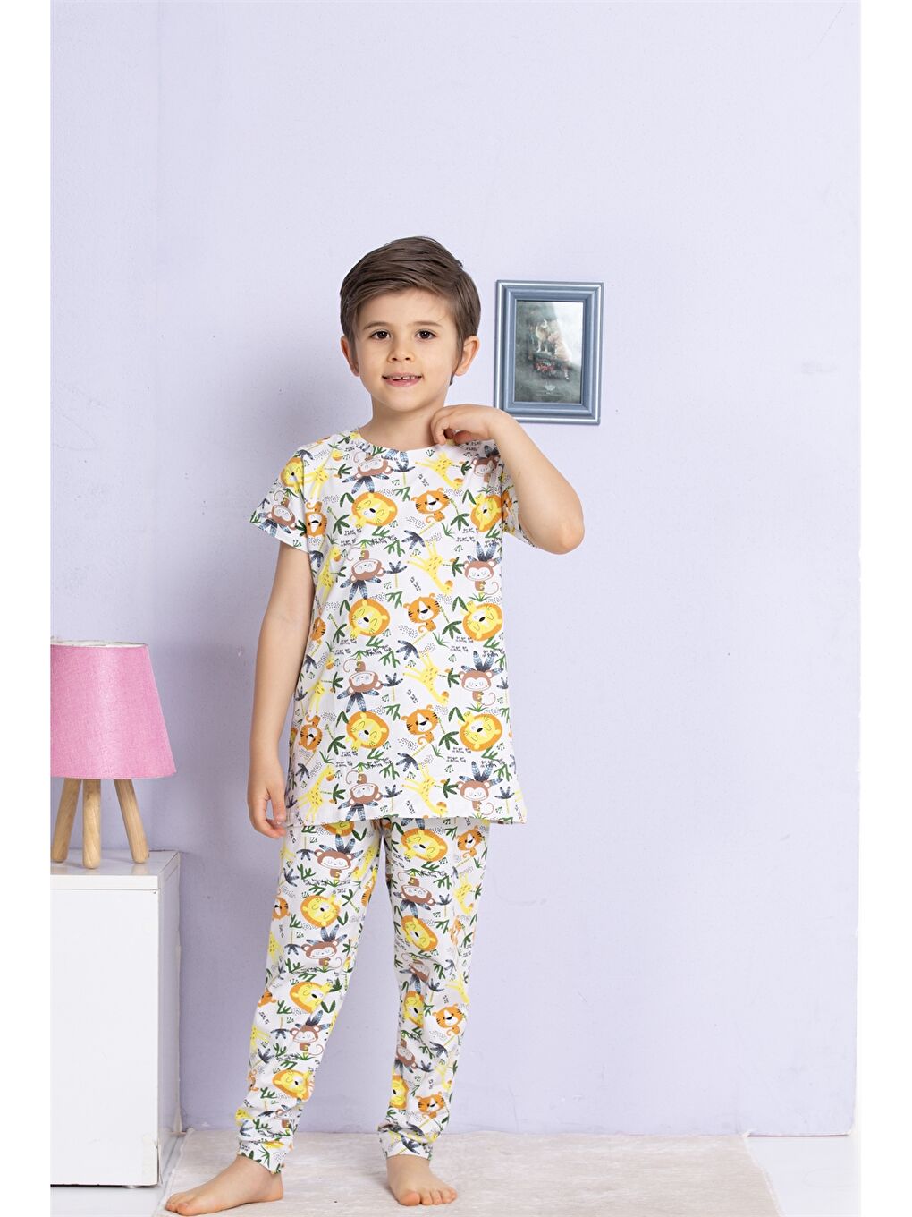 Ekru Bisiklet Yaka Baskılı Kısa Kollu Erkek Çocuk Pijama Takımı