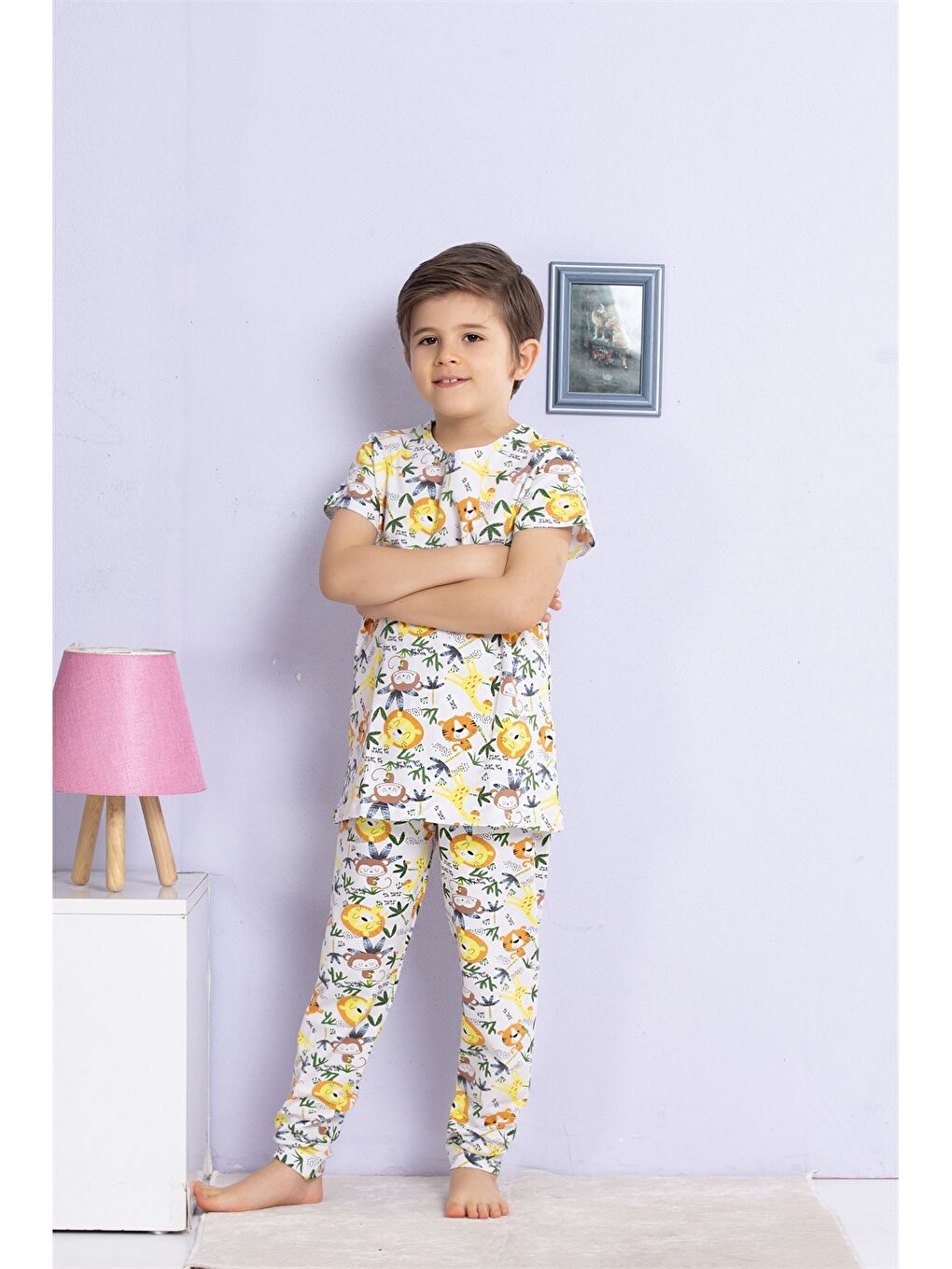 Ekru Bisiklet Yaka Baskılı Kısa Kollu Erkek Çocuk Pijama Takımı-2