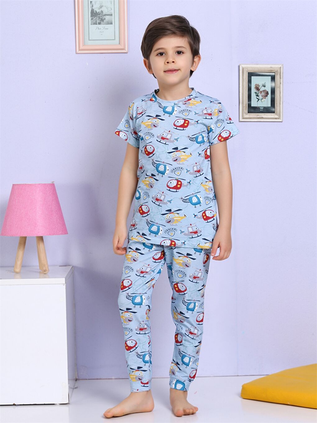Mavi Bisiklet Yaka Baskılı Kısa Kollu Erkek Çocuk Pijama Takımı