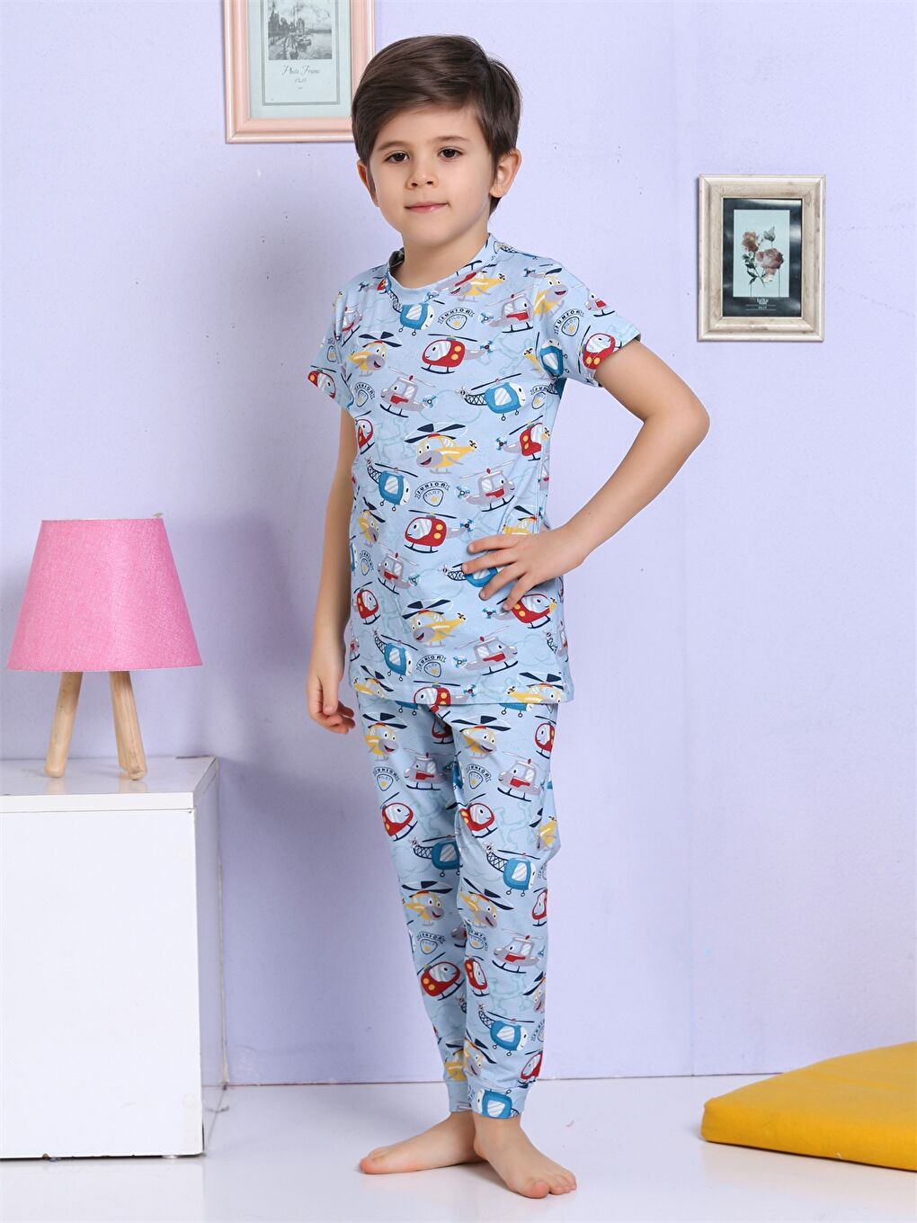 Mavi Bisiklet Yaka Baskılı Kısa Kollu Erkek Çocuk Pijama Takımı-1