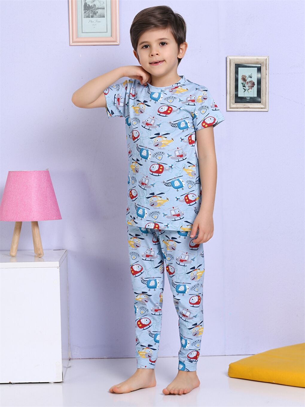 Mavi Bisiklet Yaka Baskılı Kısa Kollu Erkek Çocuk Pijama Takımı-3