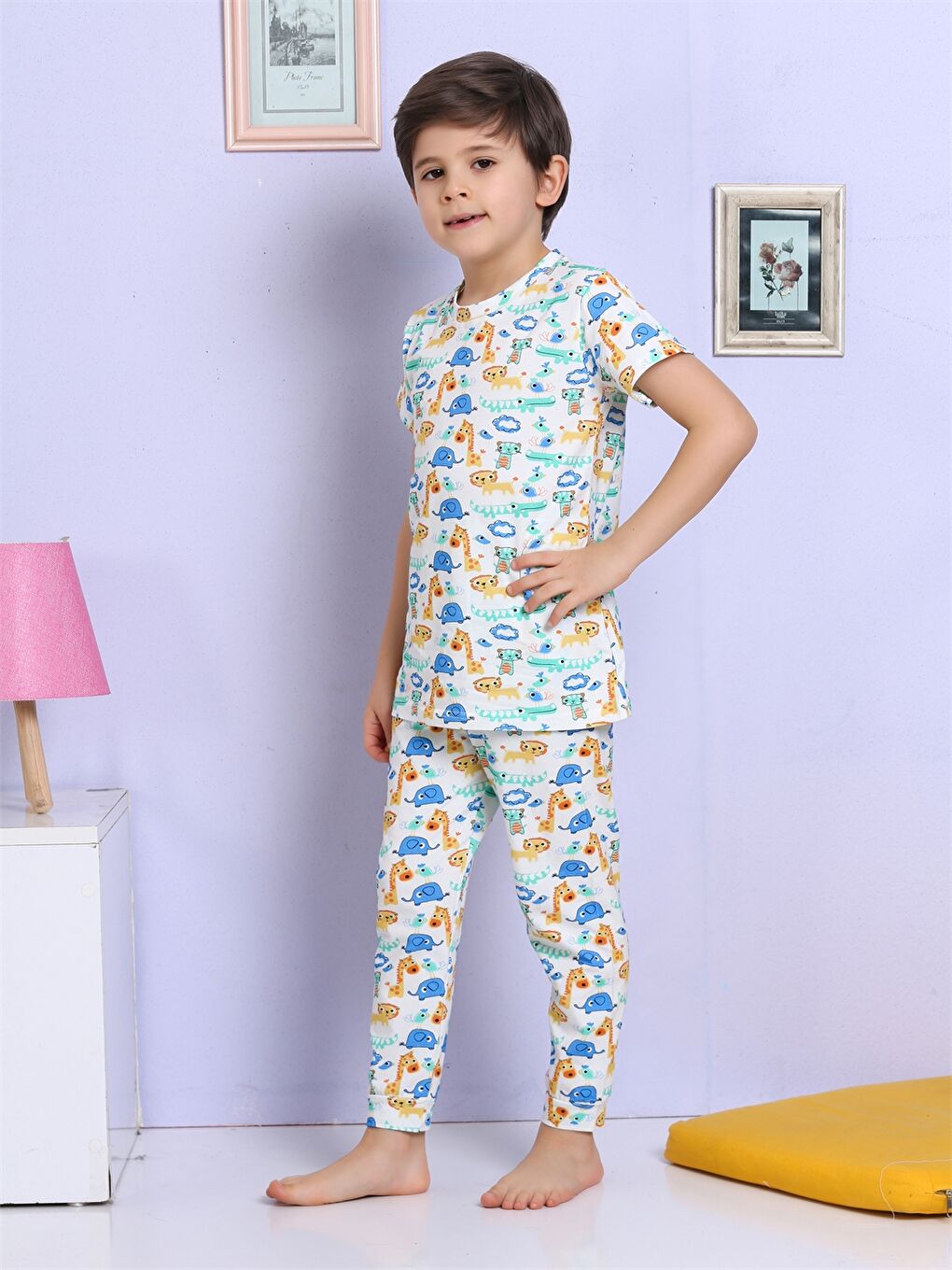 Ekru Bisiklet Yaka Baskılı Kısa Kollu Erkek Çocuk Pijama Takımı-1