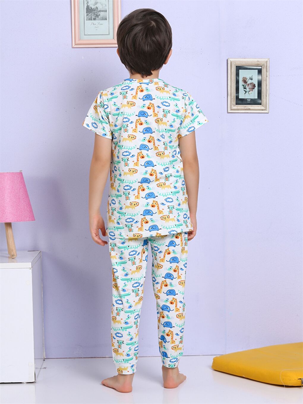 Ekru Bisiklet Yaka Baskılı Kısa Kollu Erkek Çocuk Pijama Takımı-2