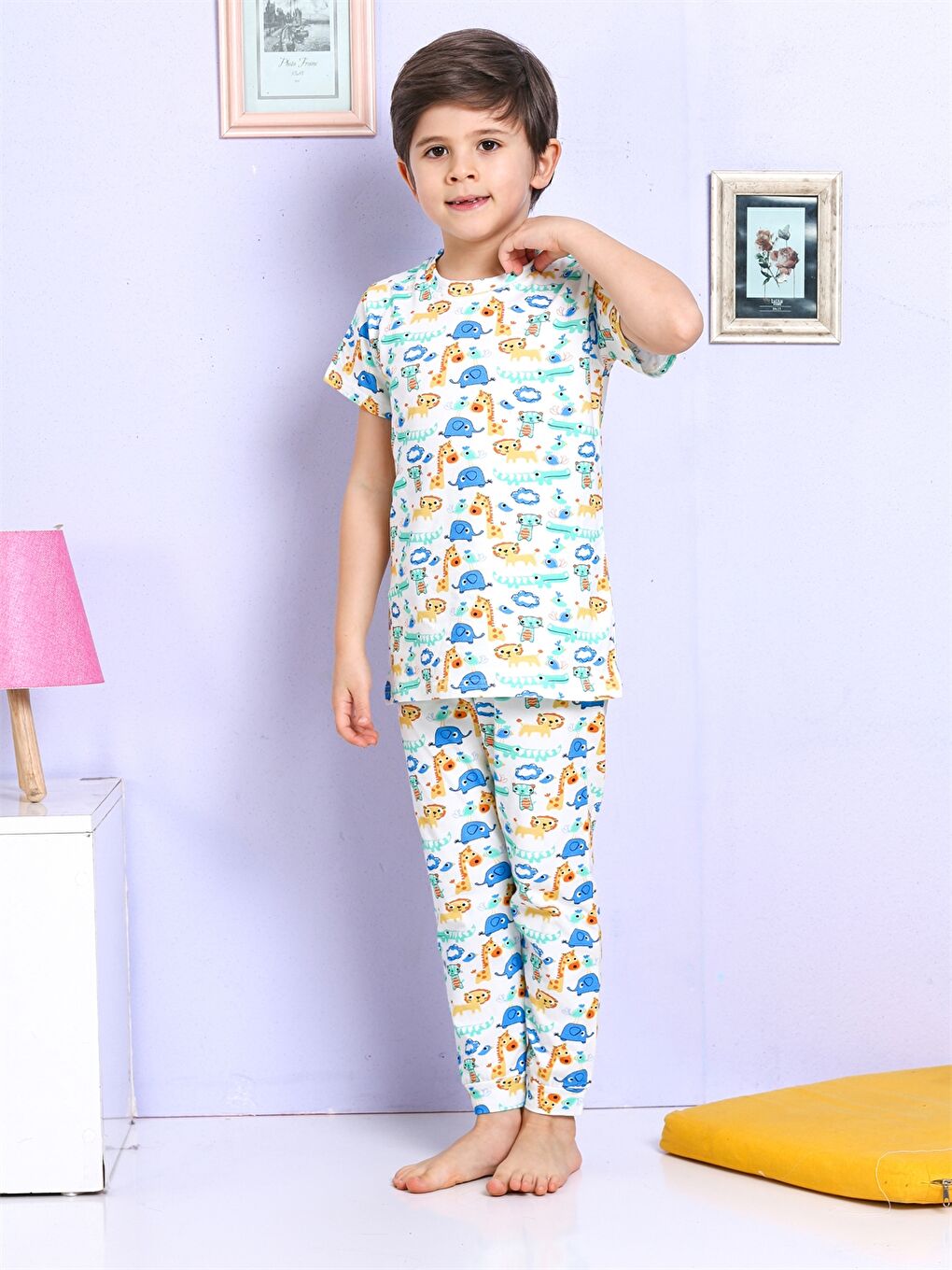 Ekru Bisiklet Yaka Baskılı Kısa Kollu Erkek Çocuk Pijama Takımı-3