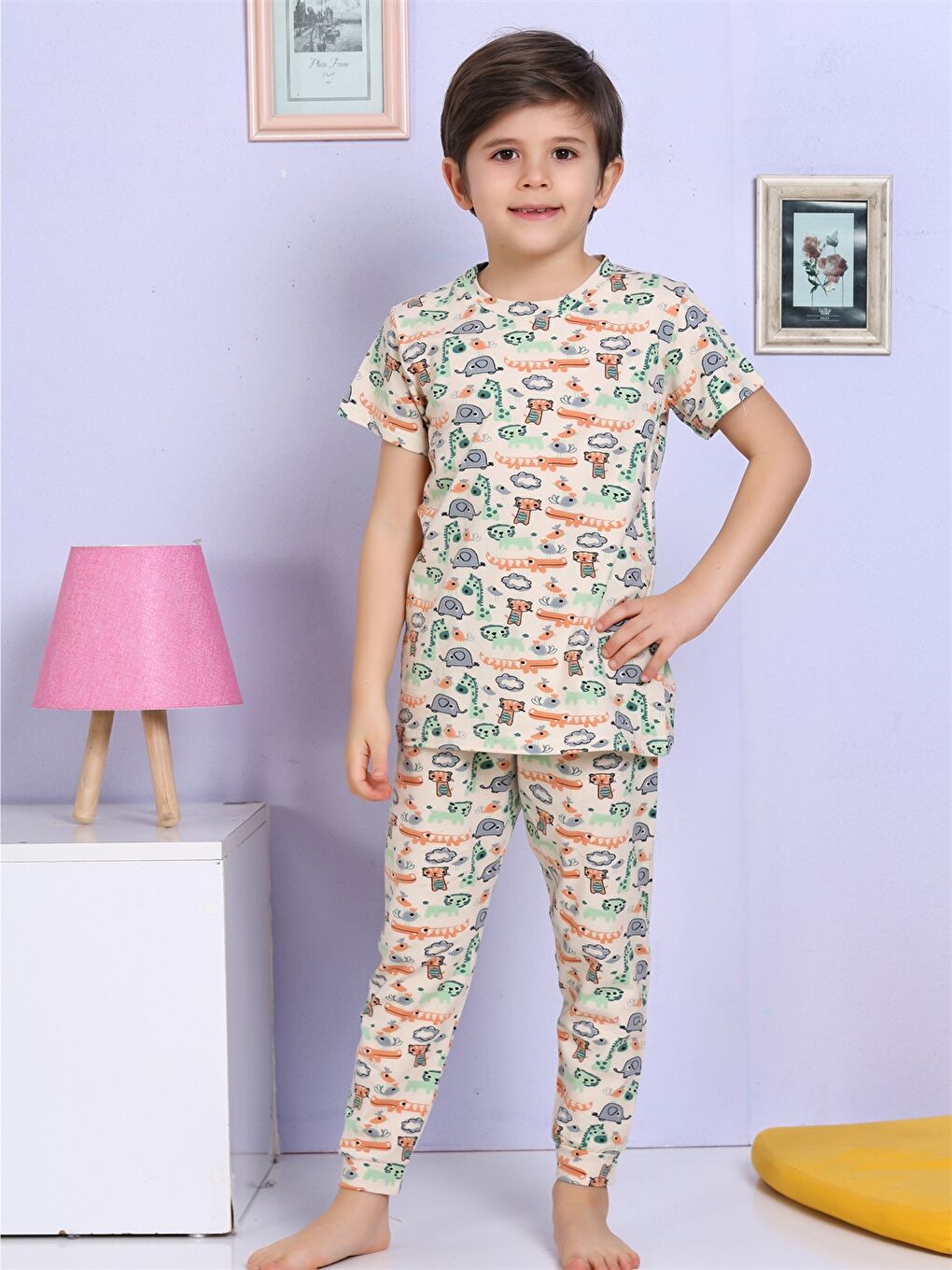 Bej Bisiklet Yaka Baskılı Kısa Kollu Erkek Çocuk Pijama Takımı