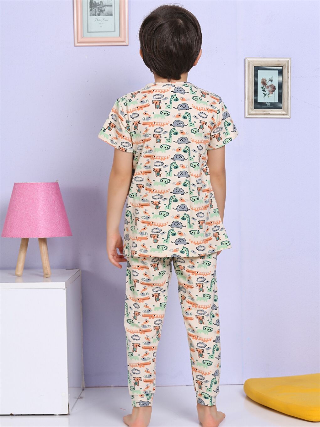 Bej Bisiklet Yaka Baskılı Kısa Kollu Erkek Çocuk Pijama Takımı-2