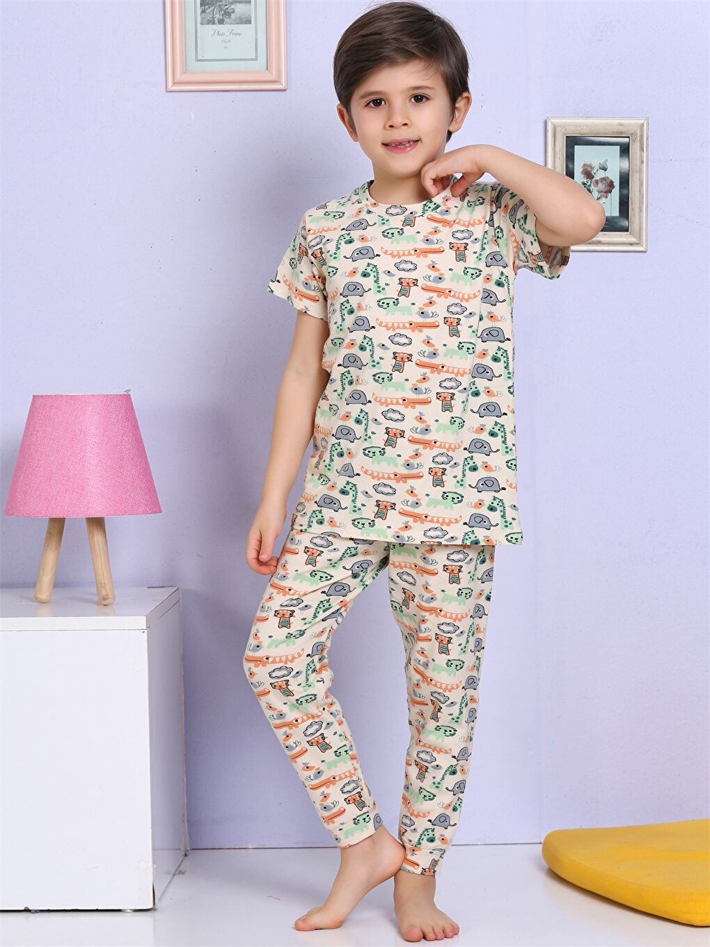 Bej Bisiklet Yaka Baskılı Kısa Kollu Erkek Çocuk Pijama Takımı-3