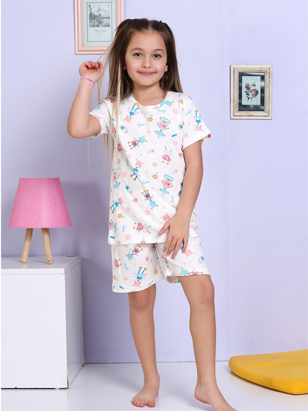 Elmas Kids Ekru Bisiklet Yaka Baskılı Kısa Kollu Kız Çocuk Şortlu Pijama Takımı - 3