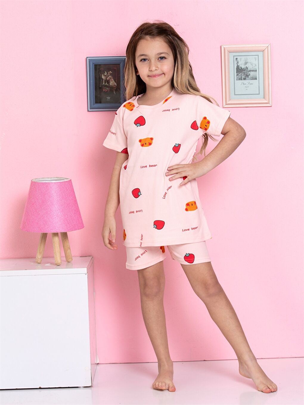 Pembe Bisiklet Yaka Baskılı Kısa Kollu Kız Çocuk Şortlu Pijama Takımı