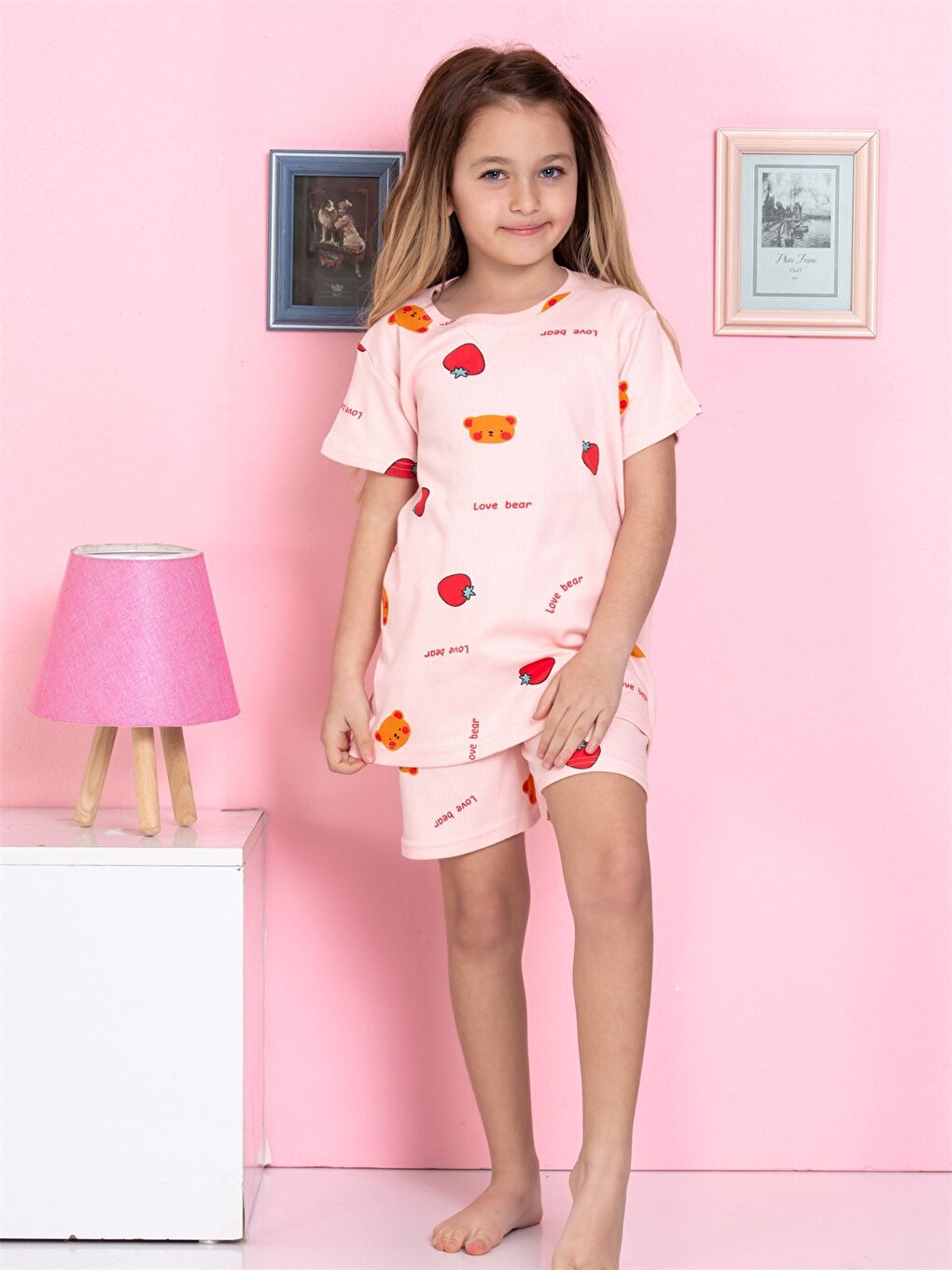 Pembe Bisiklet Yaka Baskılı Kısa Kollu Kız Çocuk Şortlu Pijama Takımı-1