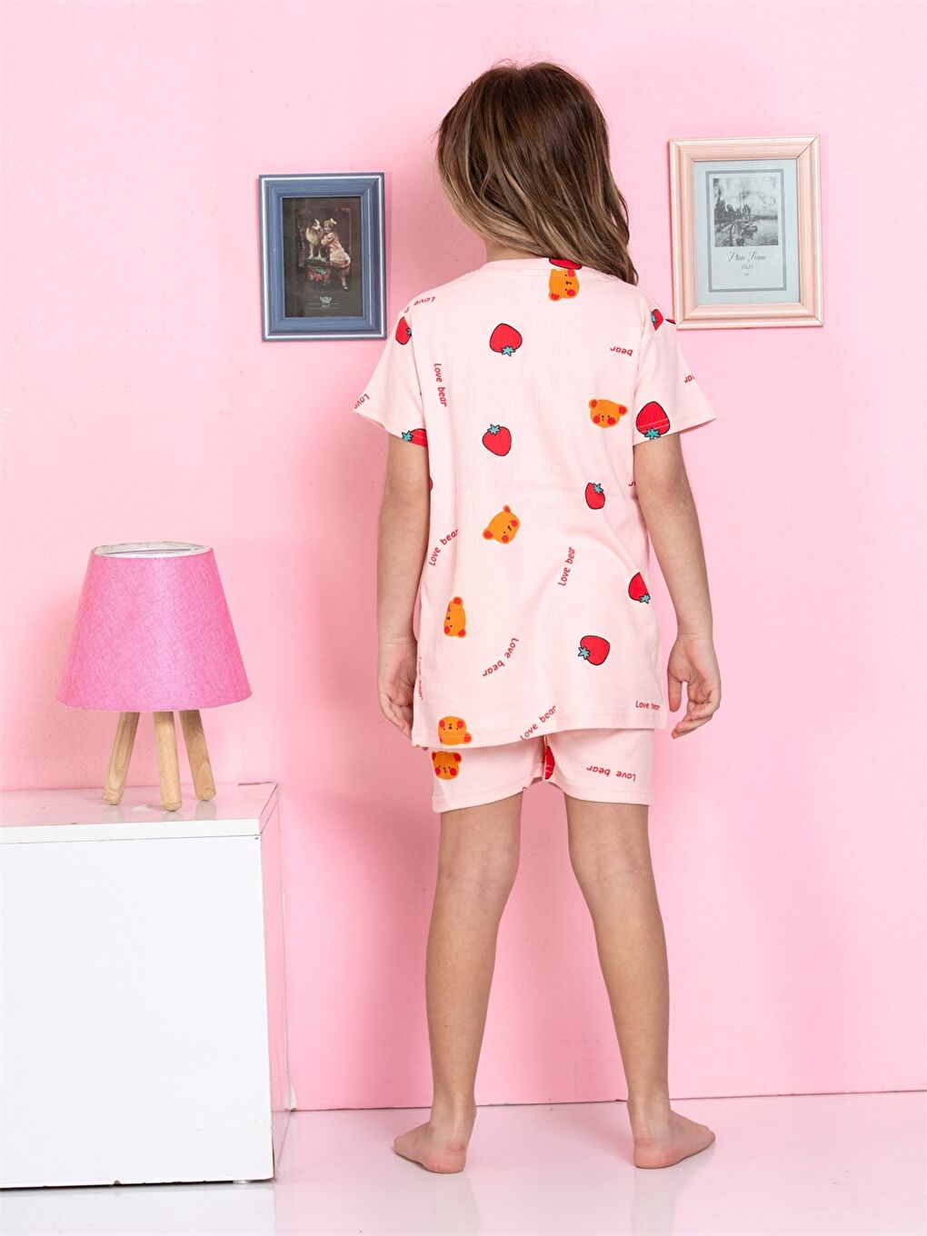 Pembe Bisiklet Yaka Baskılı Kısa Kollu Kız Çocuk Şortlu Pijama Takımı-2