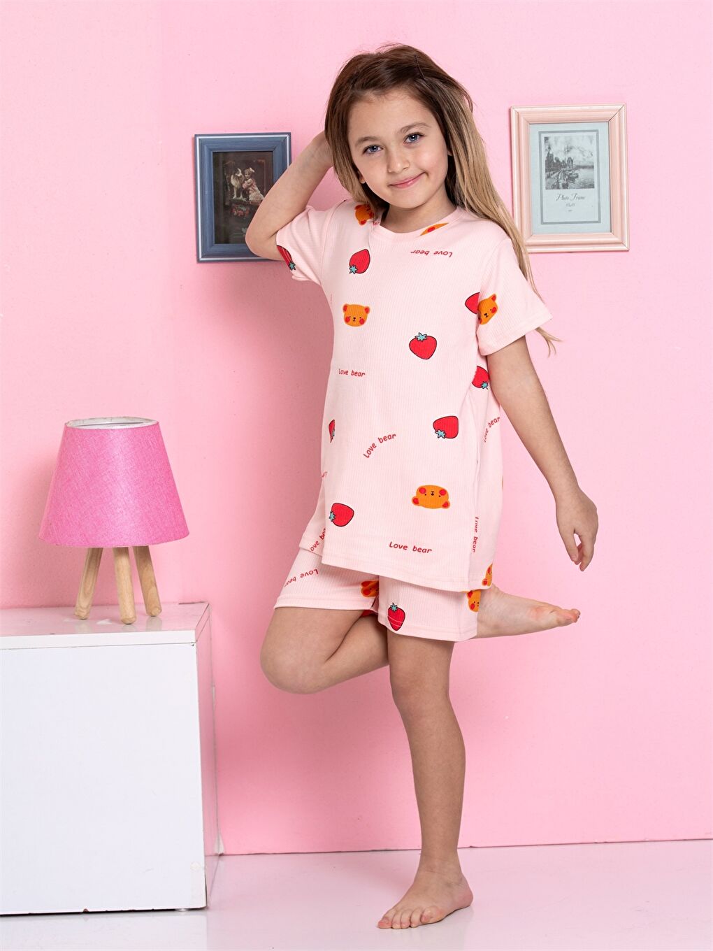 Pembe Bisiklet Yaka Baskılı Kısa Kollu Kız Çocuk Şortlu Pijama Takımı-3