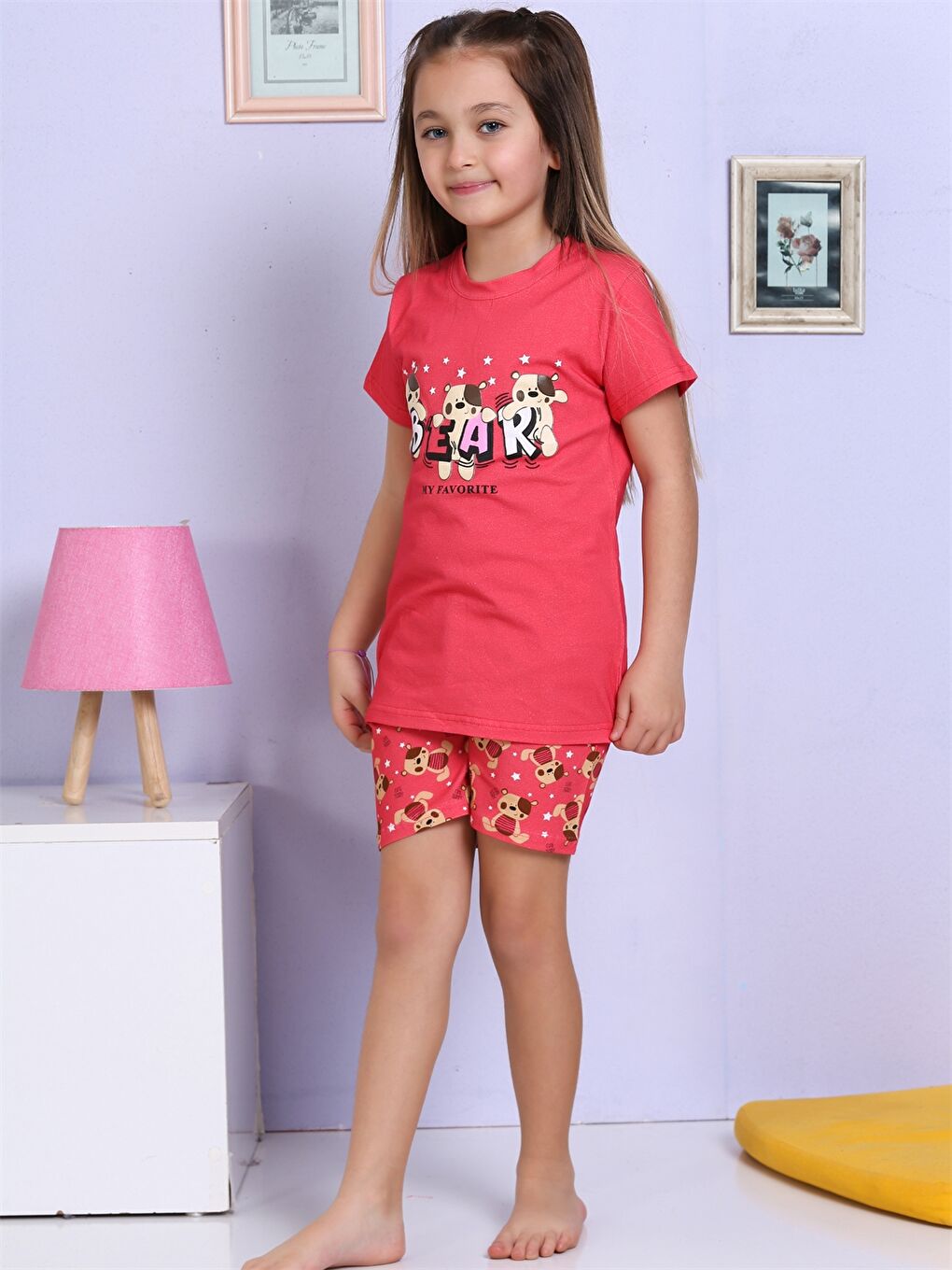 Kırmızı Bisiklet Yaka Baskılı Kısa Kollu Kız Çocuk Şortlu Pijama Takımı-1