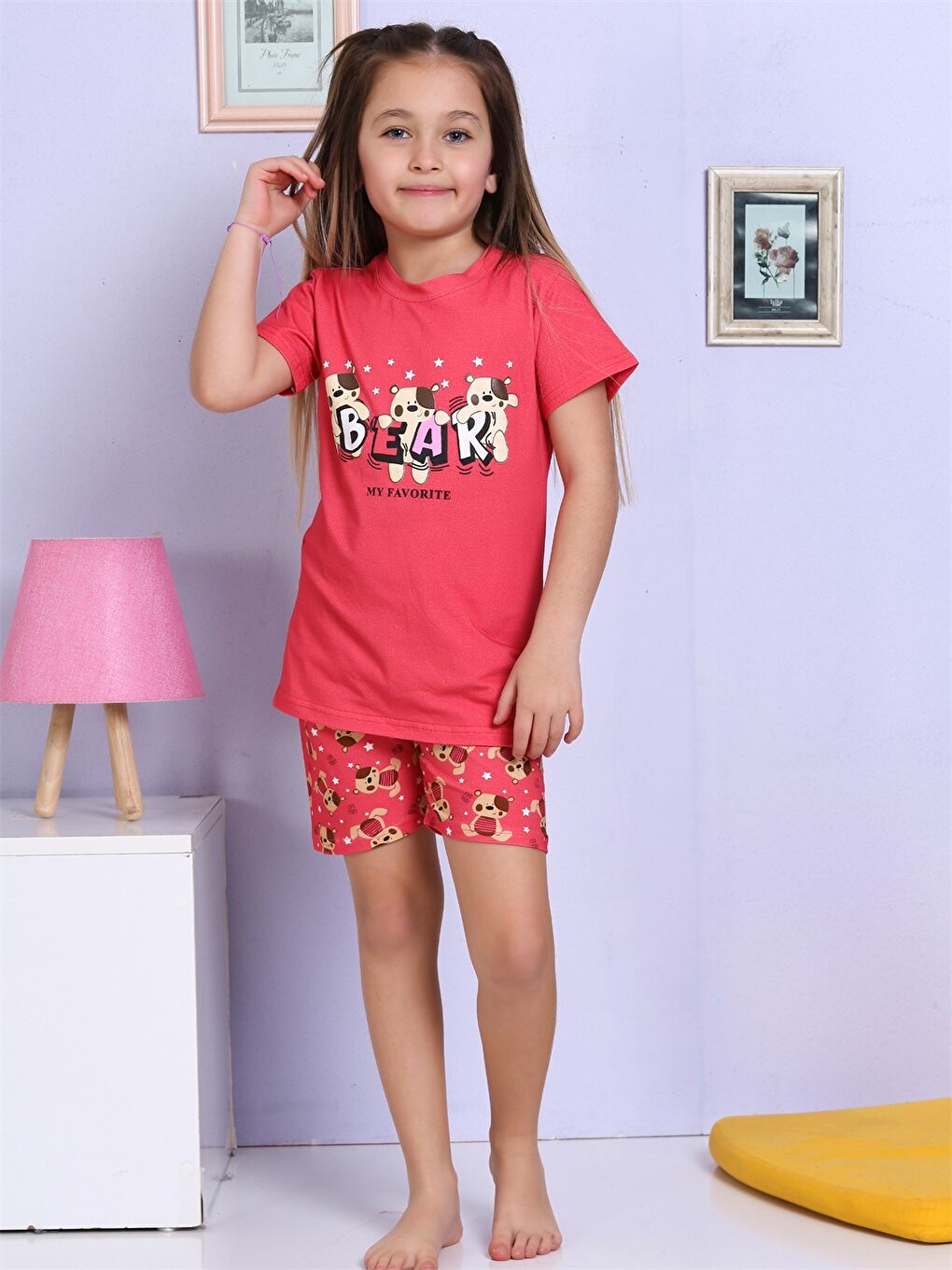 Kırmızı Bisiklet Yaka Baskılı Kısa Kollu Kız Çocuk Şortlu Pijama Takımı-3