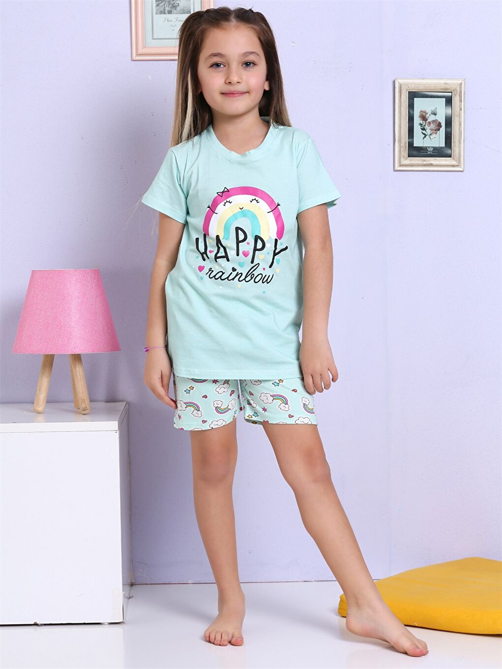 Elmas Kids Turkuaz Bisiklet Yaka Baskılı Kısa Kollu Kız Çocuk Şortlu Pijama Takımı