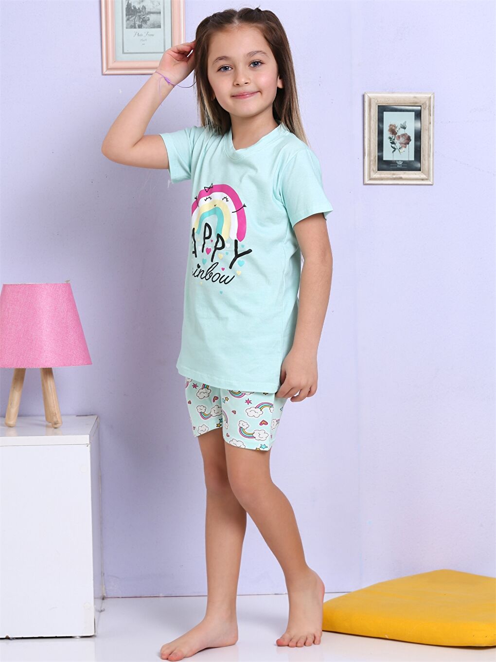 Elmas Kids Turkuaz Bisiklet Yaka Baskılı Kısa Kollu Kız Çocuk Şortlu Pijama Takımı - 1