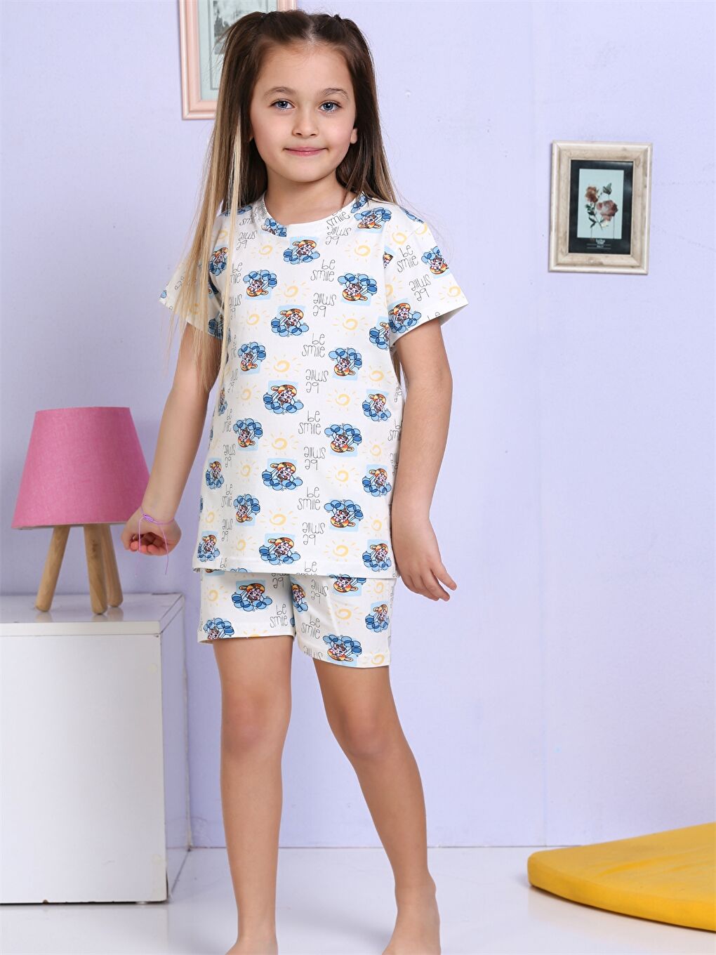 Elmas Kids Ekru Bisiklet Yaka Baskılı Kısa Kollu Kız Çocuk Şortlu Pijama Takımı