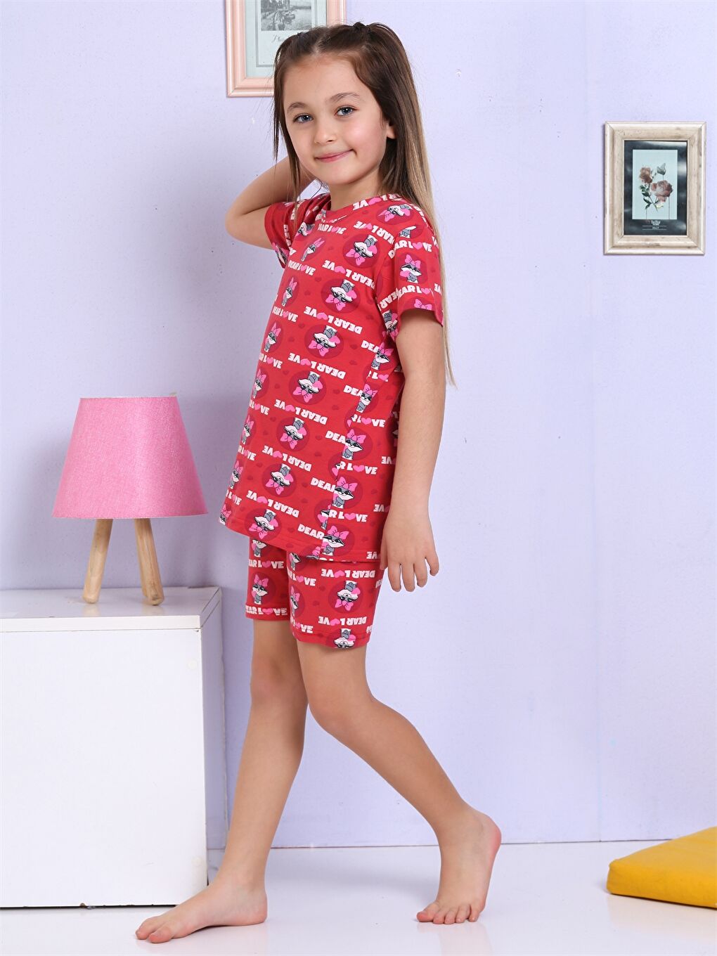 Kırmızı Bisiklet Yaka Baskılı Kısa Kollu Kız Çocuk Şortlu Pijama Takımı