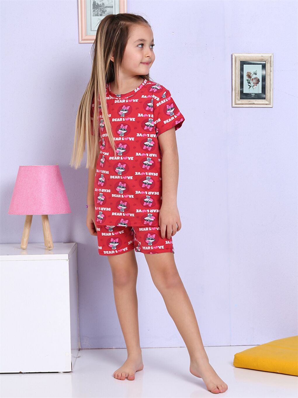 Kırmızı Bisiklet Yaka Baskılı Kısa Kollu Kız Çocuk Şortlu Pijama Takımı-1