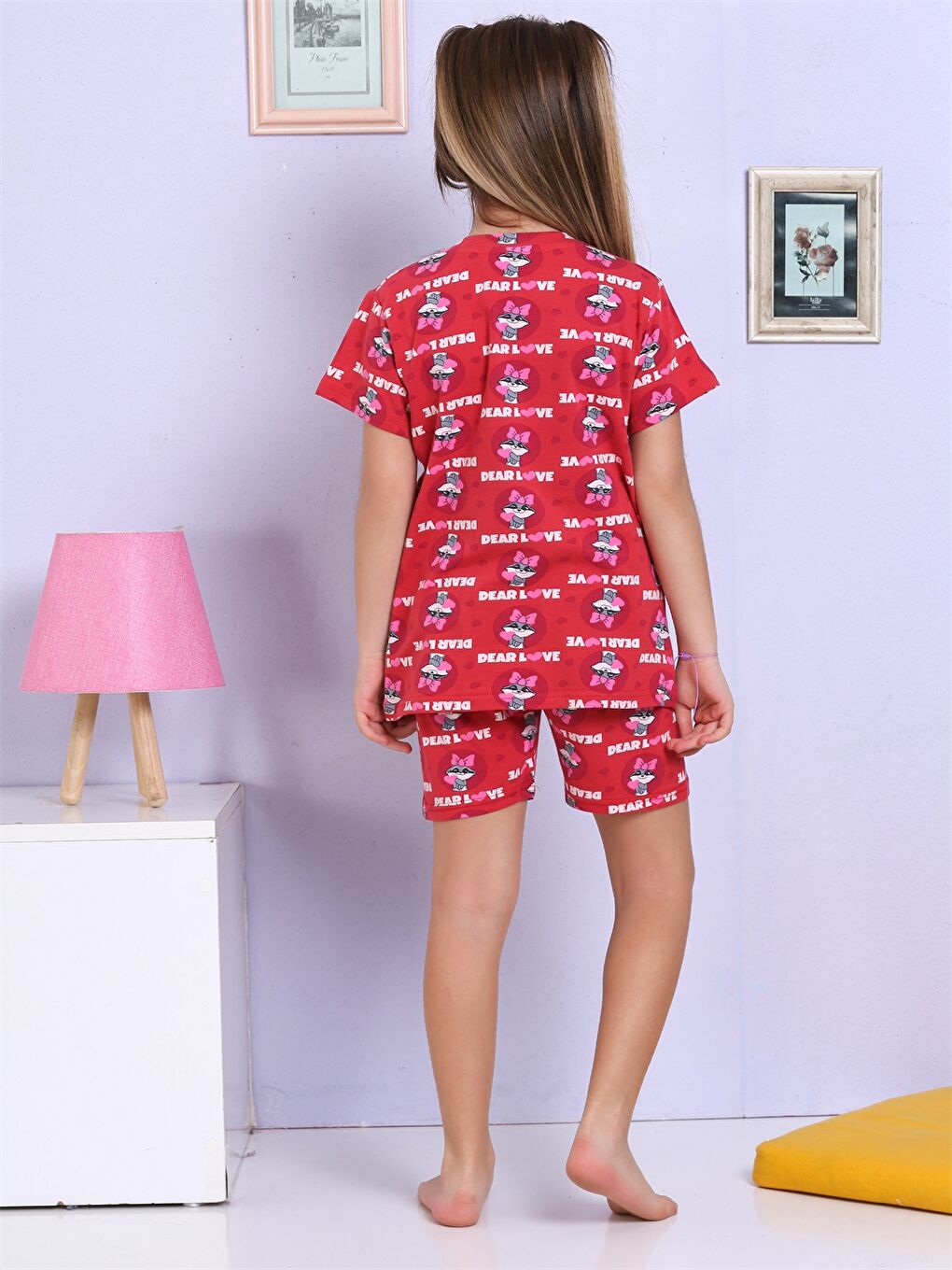 Kırmızı Bisiklet Yaka Baskılı Kısa Kollu Kız Çocuk Şortlu Pijama Takımı-2