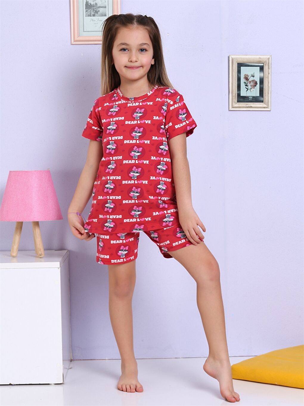Kırmızı Bisiklet Yaka Baskılı Kısa Kollu Kız Çocuk Şortlu Pijama Takımı-3