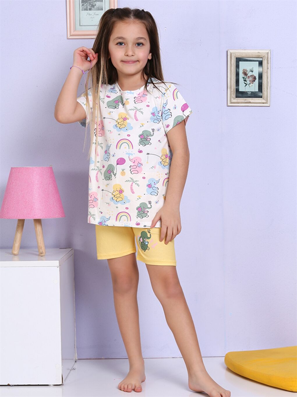 Sarı Bisiklet Yaka Baskılı Kısa Kollu Kız Çocuk Şortlu Pijama Takımı