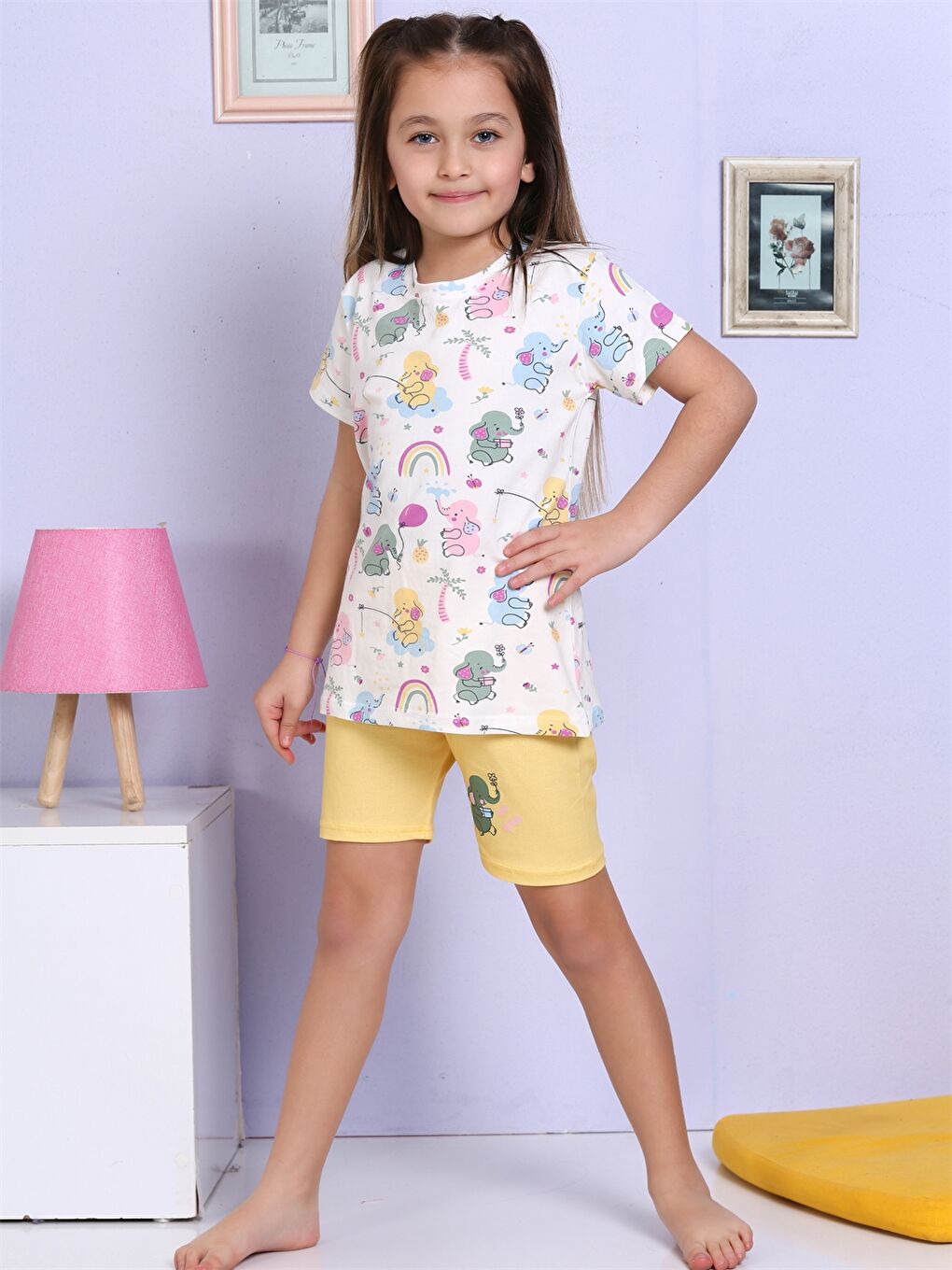 Sarı Bisiklet Yaka Baskılı Kısa Kollu Kız Çocuk Şortlu Pijama Takımı-1