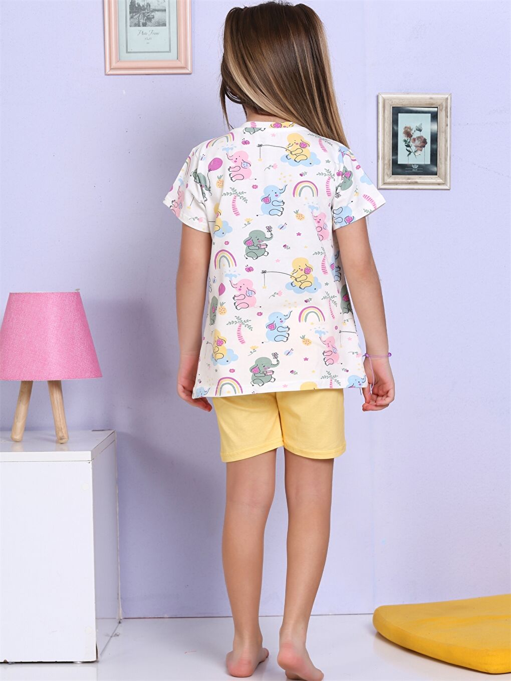 Sarı Bisiklet Yaka Baskılı Kısa Kollu Kız Çocuk Şortlu Pijama Takımı-2