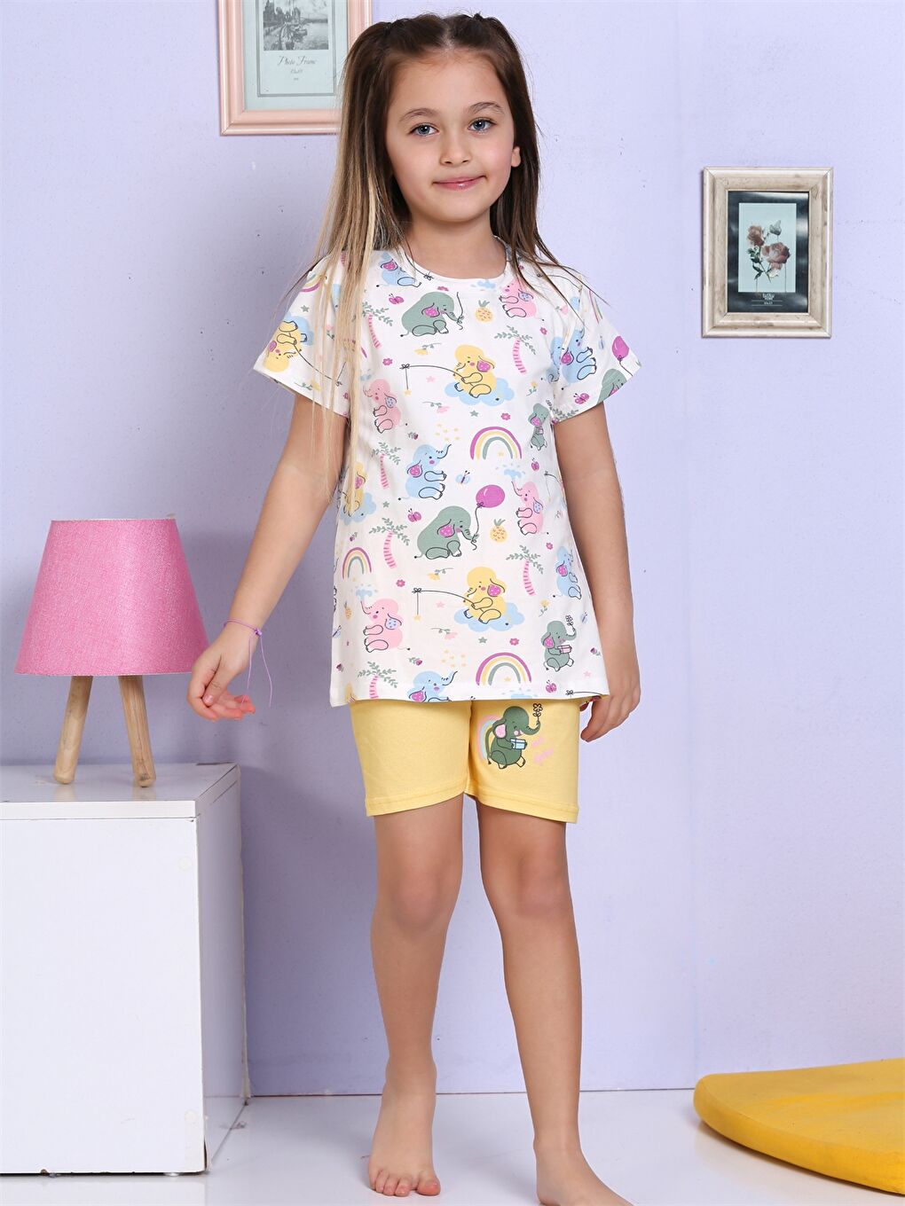 Sarı Bisiklet Yaka Baskılı Kısa Kollu Kız Çocuk Şortlu Pijama Takımı-3