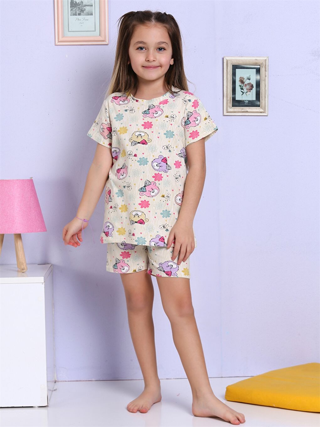 Bej Bisiklet Yaka Baskılı Kısa Kollu Kız Çocuk Şortlu Pijama Takımı