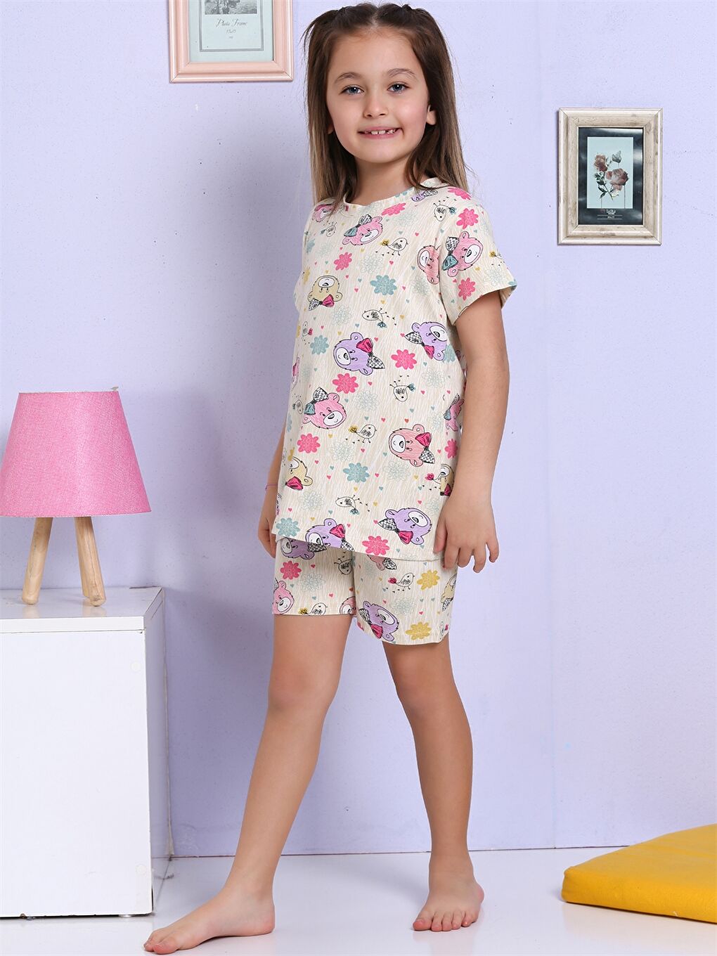 Bej Bisiklet Yaka Baskılı Kısa Kollu Kız Çocuk Şortlu Pijama Takımı-3