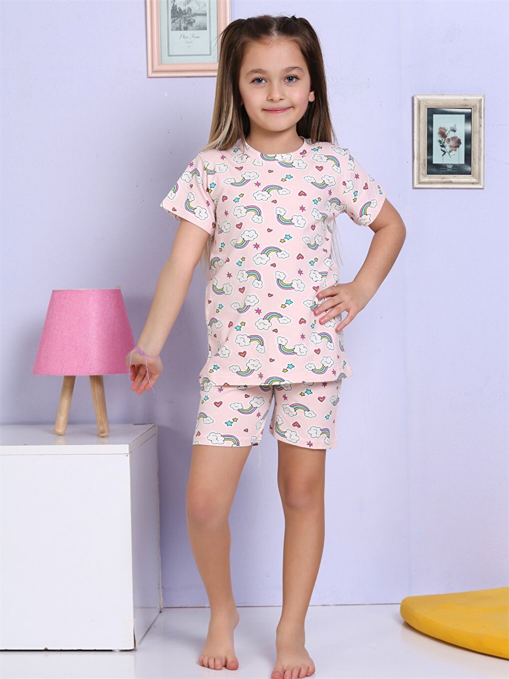 Pembe Bisiklet Yaka Baskılı Kısa Kollu Kız Çocuk Şortlu Pijama Takımı