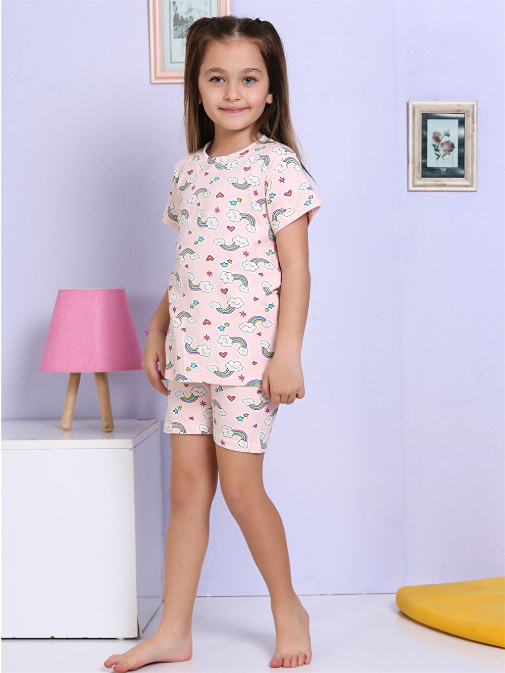 Pembe Bisiklet Yaka Baskılı Kısa Kollu Kız Çocuk Şortlu Pijama Takımı-1