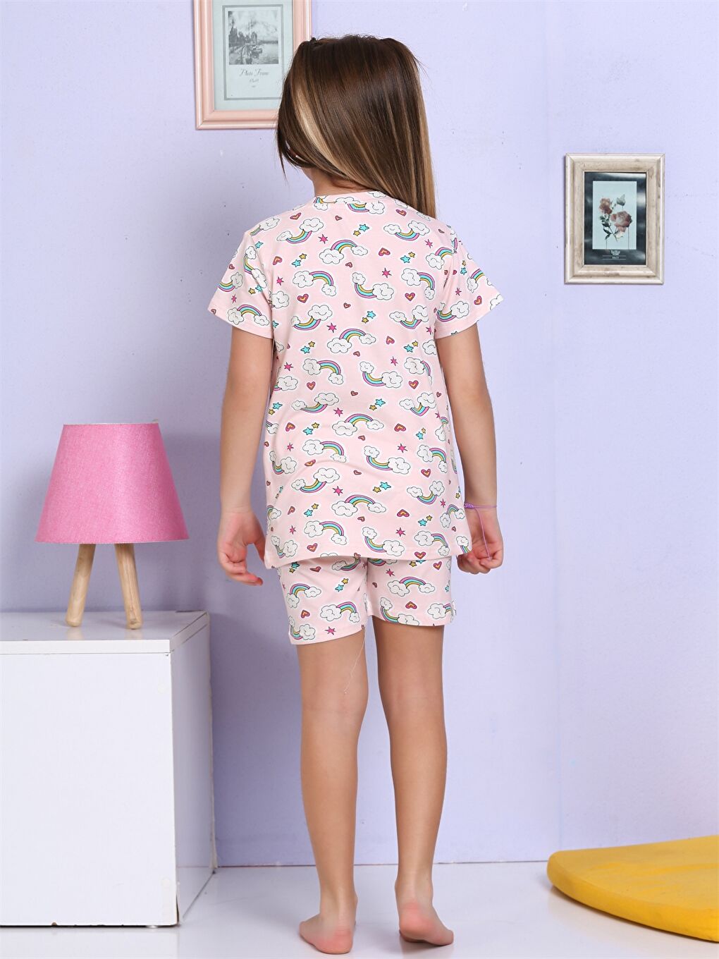 Pembe Bisiklet Yaka Baskılı Kısa Kollu Kız Çocuk Şortlu Pijama Takımı-2