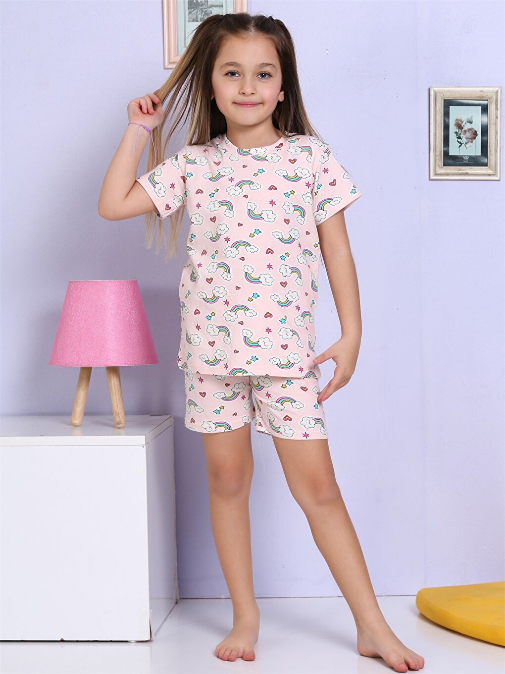 Pembe Bisiklet Yaka Baskılı Kısa Kollu Kız Çocuk Şortlu Pijama Takımı-3