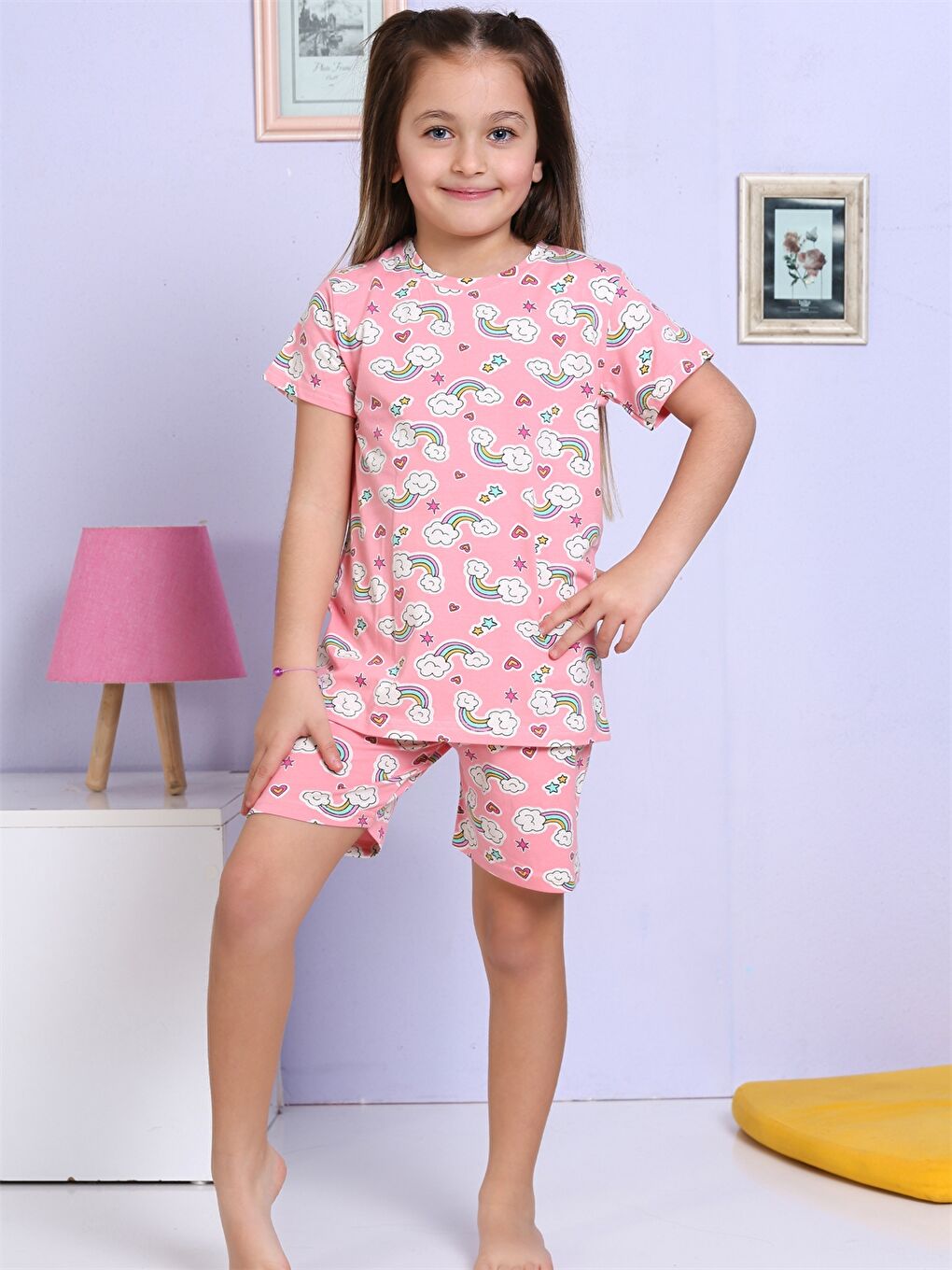 Pembe Bisiklet Yaka Baskılı Kısa Kollu Kız Çocuk Şortlu Pijama Takımı