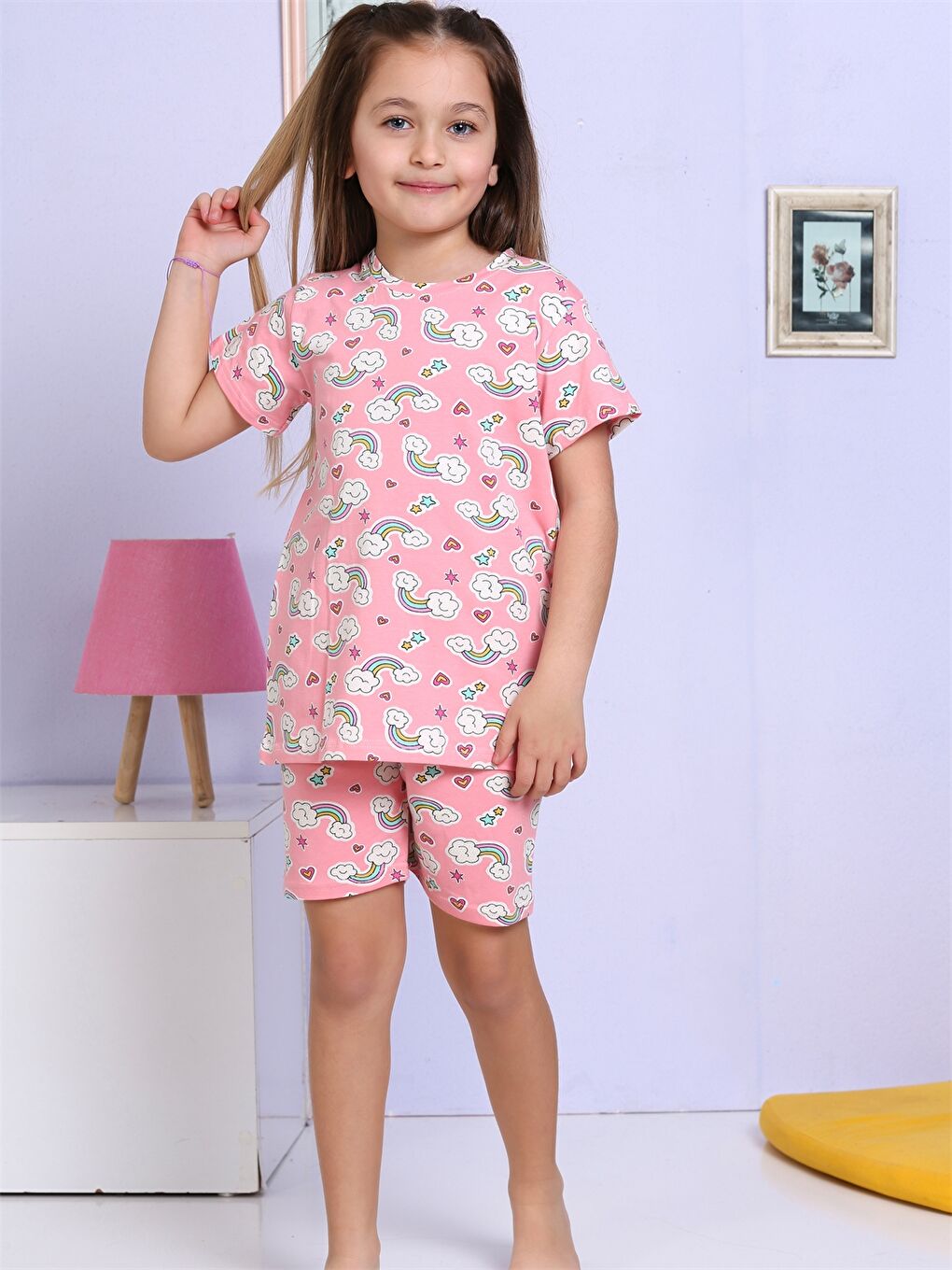 Pembe Bisiklet Yaka Baskılı Kısa Kollu Kız Çocuk Şortlu Pijama Takımı-1