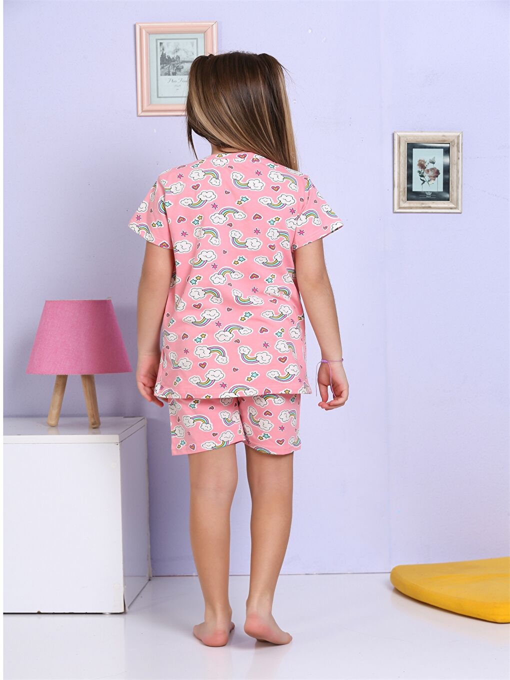 Pembe Bisiklet Yaka Baskılı Kısa Kollu Kız Çocuk Şortlu Pijama Takımı-2