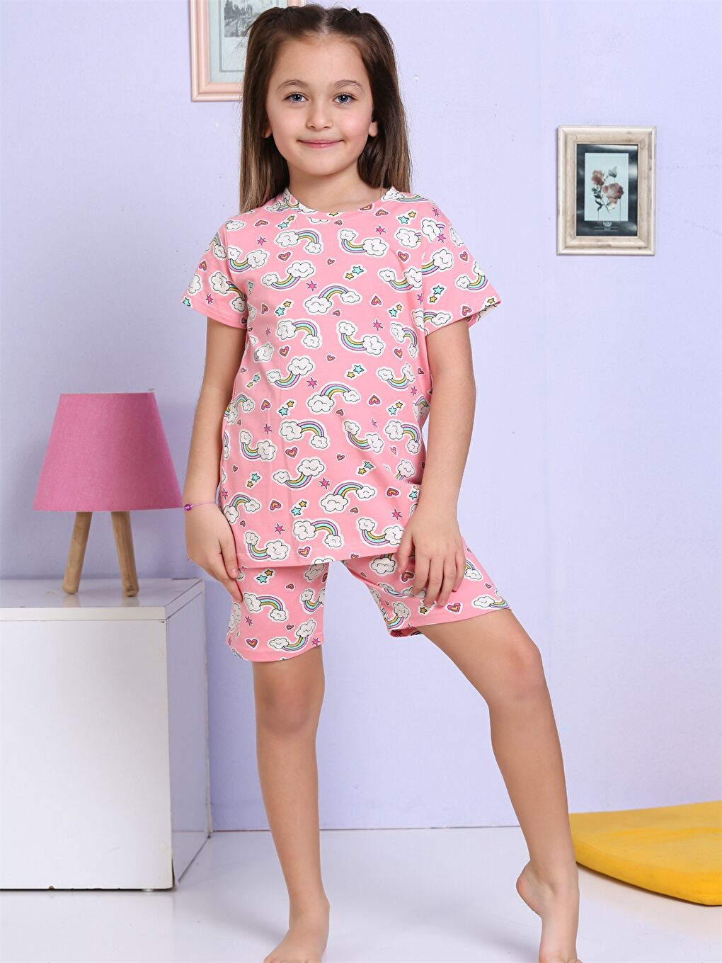 Pembe Bisiklet Yaka Baskılı Kısa Kollu Kız Çocuk Şortlu Pijama Takımı-3