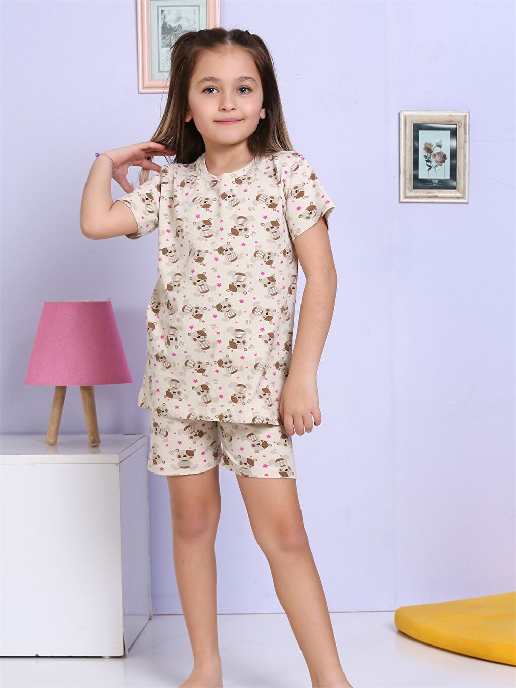 Elmas Kids Bej Bisiklet Yaka Baskılı Kısa Kollu Kız Çocuk Şortlu Pijama Takımı