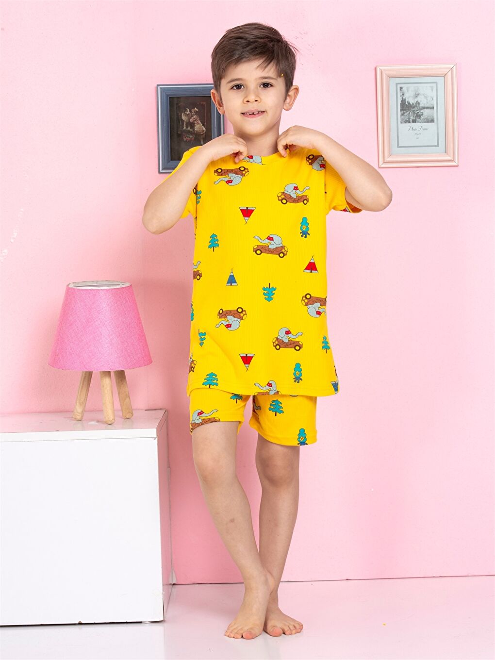 Sarı Bisiklet Yaka Baskılı Kısa Kollu Erkek Çocuk Şortlu Pijama Takımı