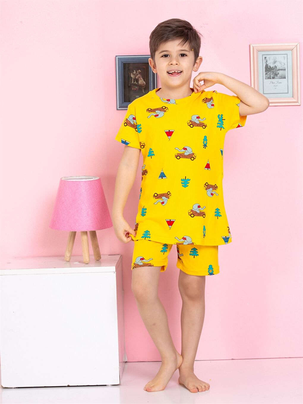 Sarı Bisiklet Yaka Baskılı Kısa Kollu Erkek Çocuk Şortlu Pijama Takımı-1
