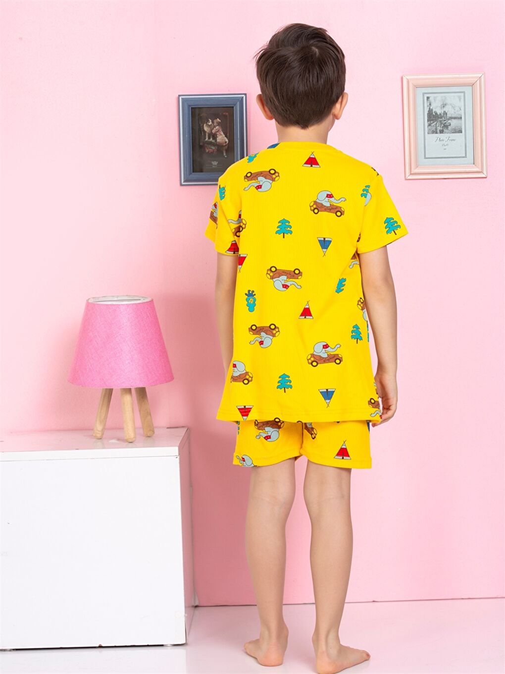 Sarı Bisiklet Yaka Baskılı Kısa Kollu Erkek Çocuk Şortlu Pijama Takımı-2