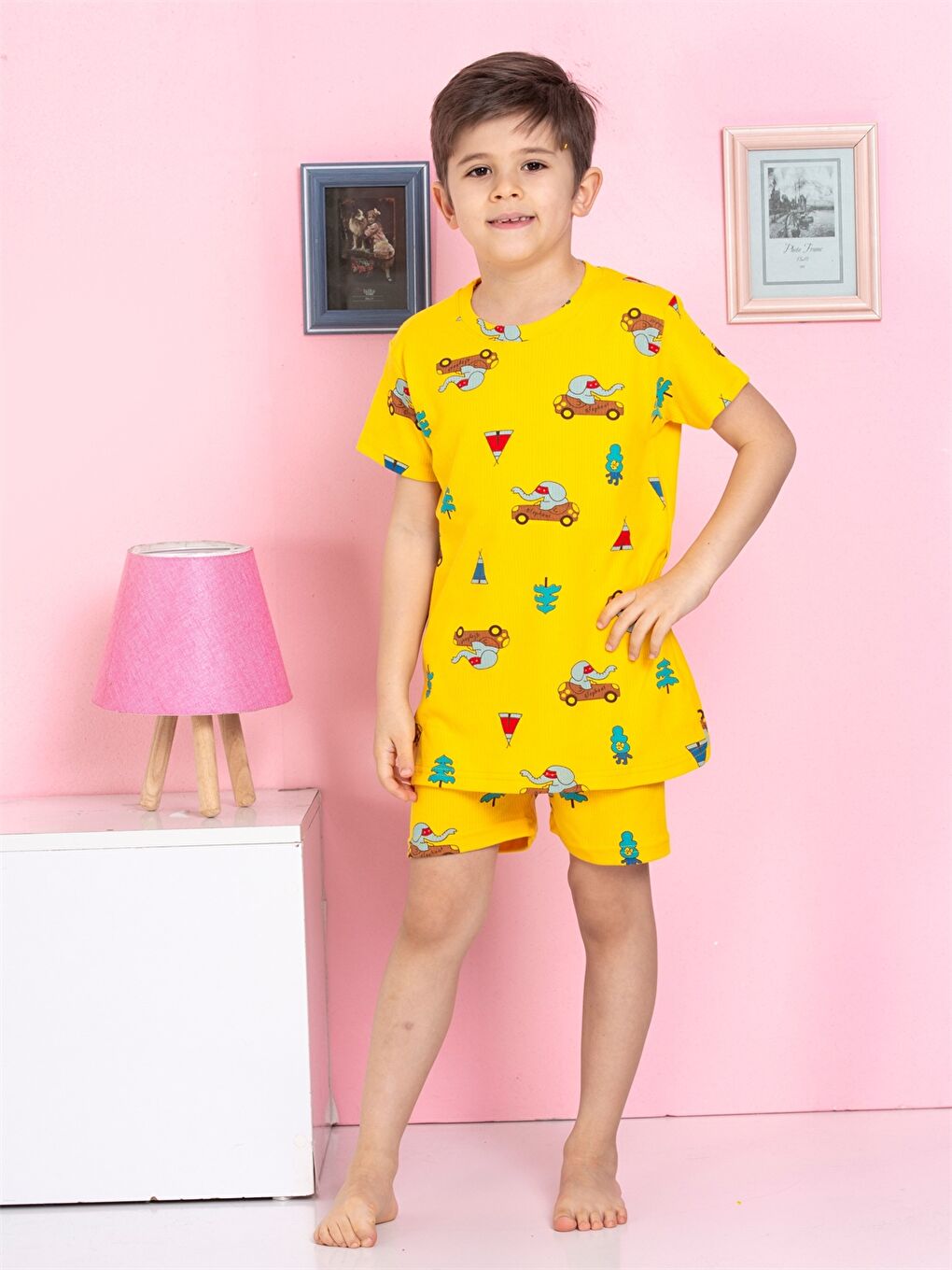 Sarı Bisiklet Yaka Baskılı Kısa Kollu Erkek Çocuk Şortlu Pijama Takımı-3