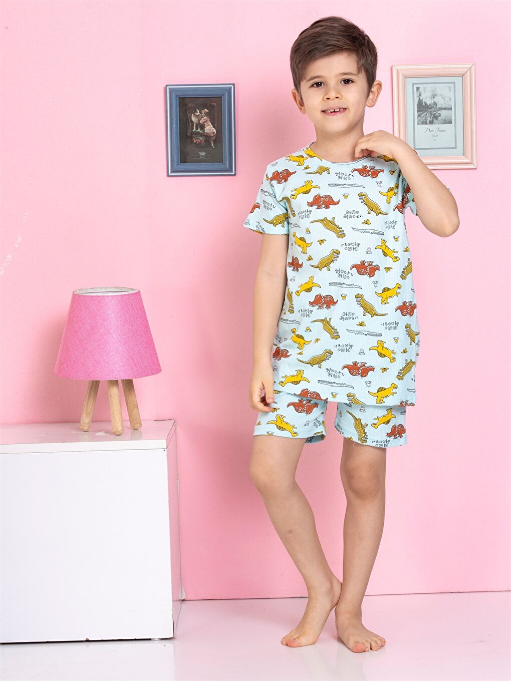 Bej Bisiklet Yaka Baskılı Kısa Kollu Erkek Çocuk Şortlu Pijama Takımı